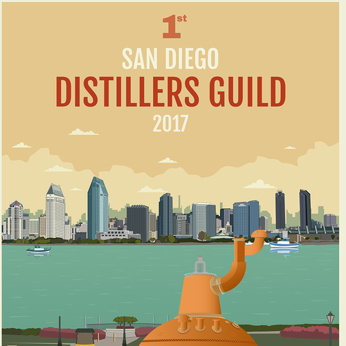 Cityscape artwork with the title 'poster for sandiego distiller guild'