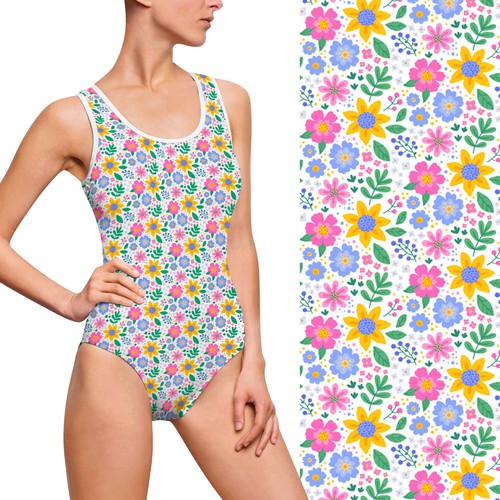 Swimsuit design with the title 'Floral Print for Swimwear Fabric'