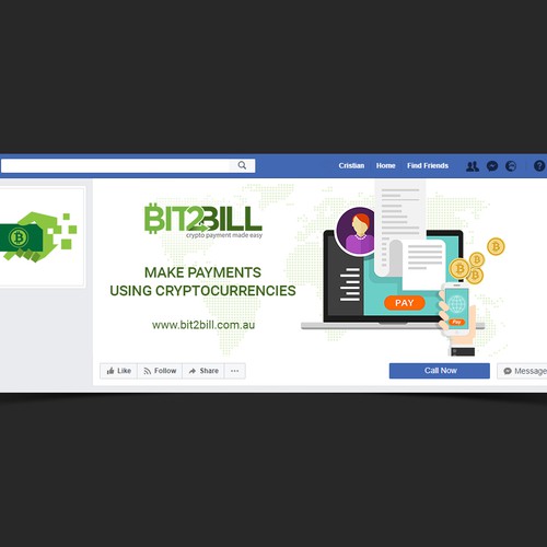 Bitcoin design with the title 'Facebook cover design for cryptocurrency payments'