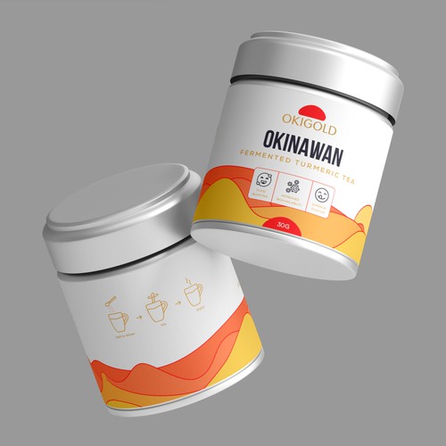 Japanese packaging with the title 'OkiGold - Okinawan Turmeric Tea'