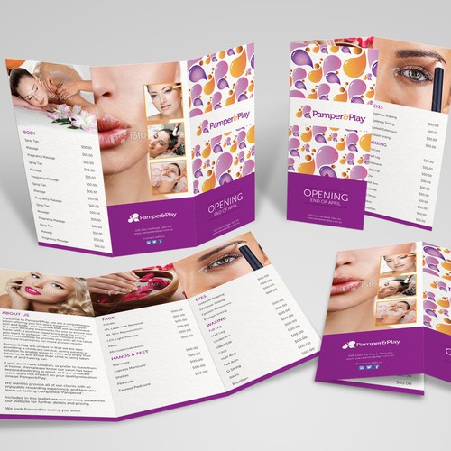 Spa design with the title 'Help Pamper & Play with a new postcard or flyer'