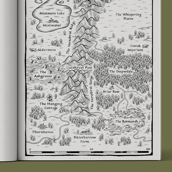 Illustration with the title 'Gloamwood Fantasy Map '