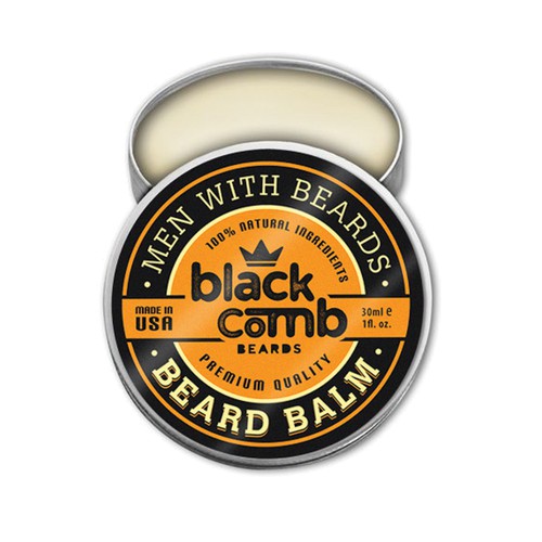 Tin design with the title 'Black Comb Beard Balm'