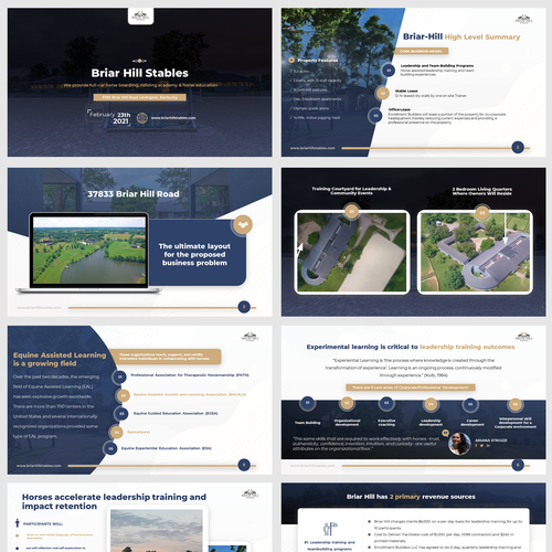 Visual design with the title 'PowerPoint redesign moderately-sized equestrian stable with a combination model providing full-care horse boarding'