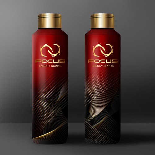Gold packaging with the title 'Focus Energy Drinks Bottle Design'