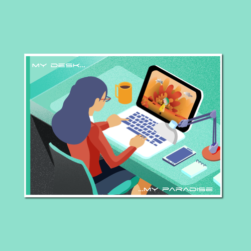 Postcard illustration with the title 'Una cartolina da Covid19'