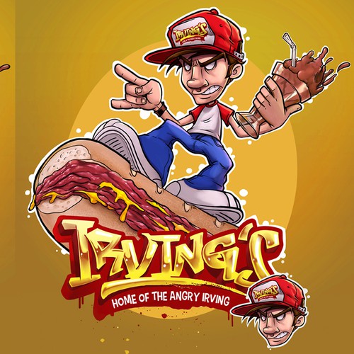 Skateboard illustration with the title 'Angry Irving Mascot Design'