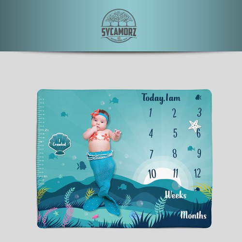 Mermaid design with the title 'Mermaid Themed Cute Milestone Baby Blanket'