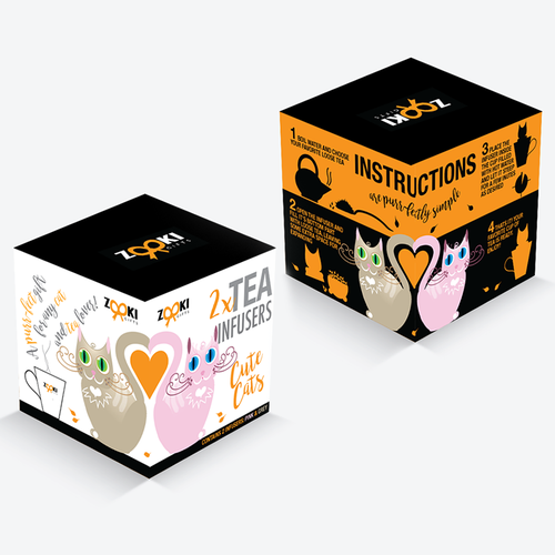 White packaging with the title 'Design a fun and modern packaging concept for a globally sold product - Cat shaped tea infusers.'