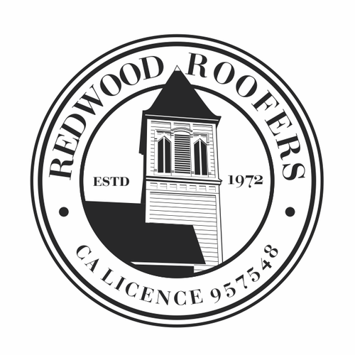 Black and white design with the title 'Redwood Roofers'