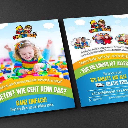 Handout design with the title 'Kreativer Flyer für Kinder und Eltern -> Spieleabo'