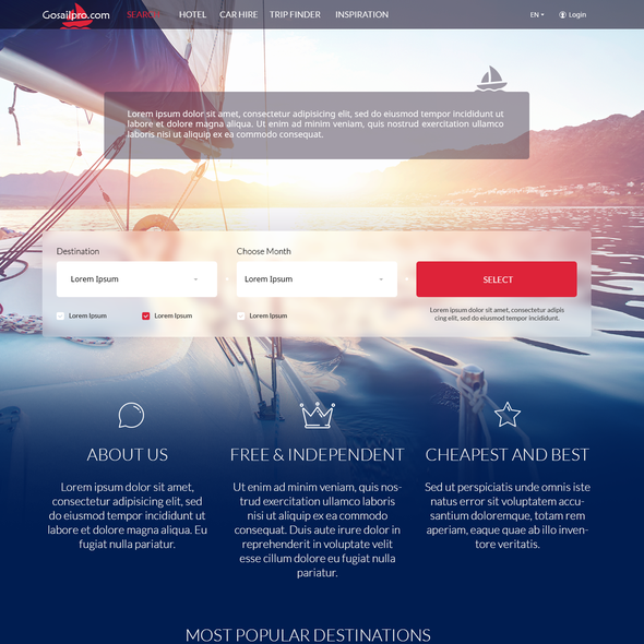 Clear website with the title 'Online sailing boat booking agency looking for world class design'