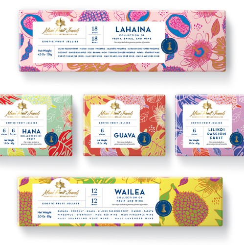 Colorful packaging with the title 'Packaging design for exotic fruit jellies from Hawaii'