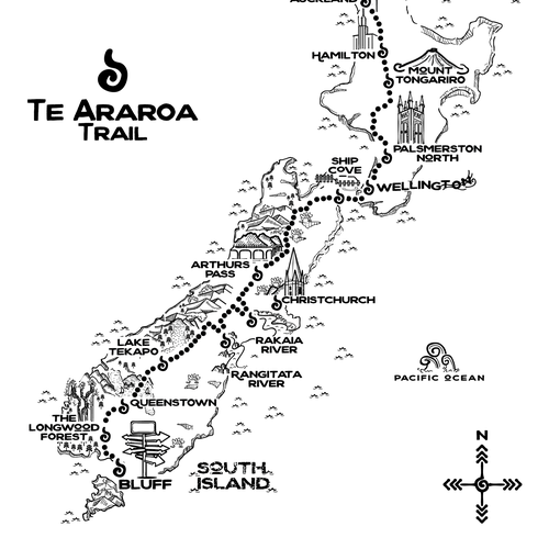 Travel illustration with the title 'Te Araroa New Zealand trail'