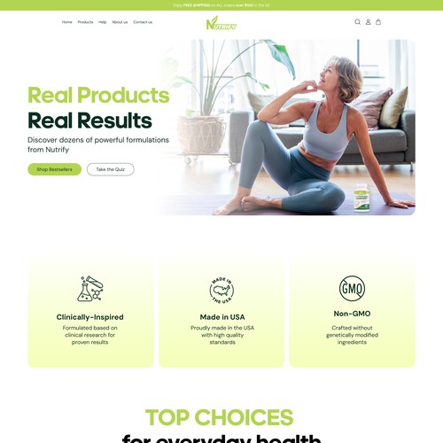 Natural website with the title 'Supplement homepage web design'