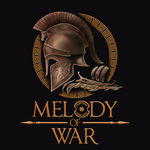 Spartan helmet design with the title 'Melody of War'