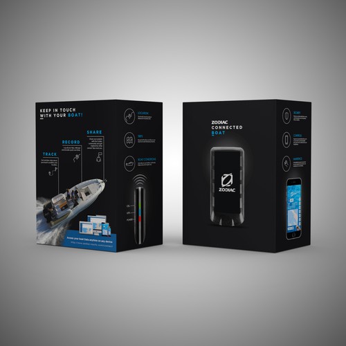 Device packaging with the title 'Packaging design for zodiac connected boat'