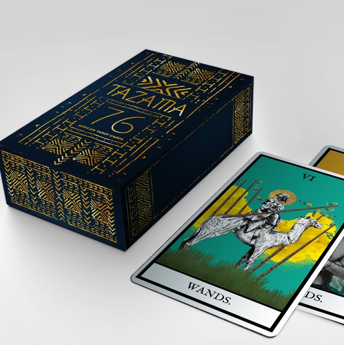 Gold foil packaging with the title 'Tarot Cards Box design'