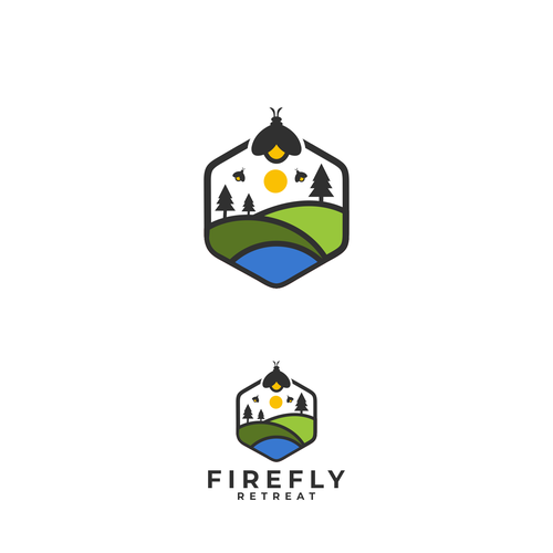 Modern retro design with the title 'Firefly Retreat. Fun logo inspiring families to explore the outdoors!'