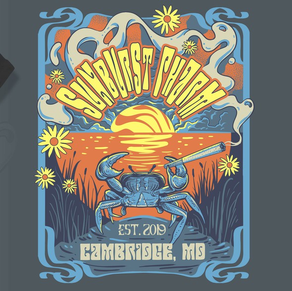 Medical t-shirt with the title 'Sunburst pharm psychedelic shirt design'