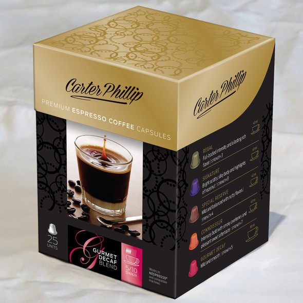 Capsule packaging with the title 'Package for espresso coffee capsules'