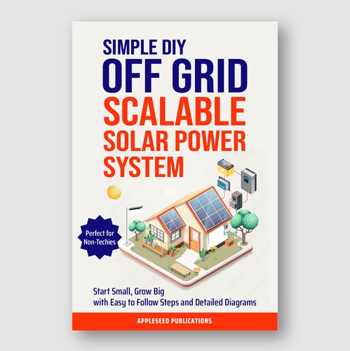 Renewable energy design with the title 'DIY Solar Power – Illustrated Off-Grid Guide Cover'