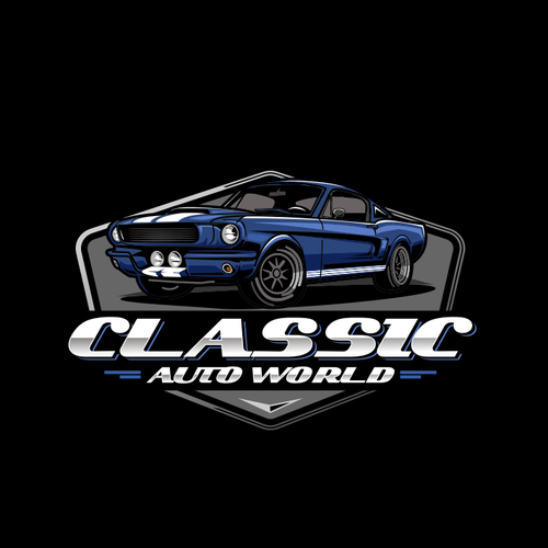 Classic car logo with the title 'Classic Auto World – Mustang Emblem'