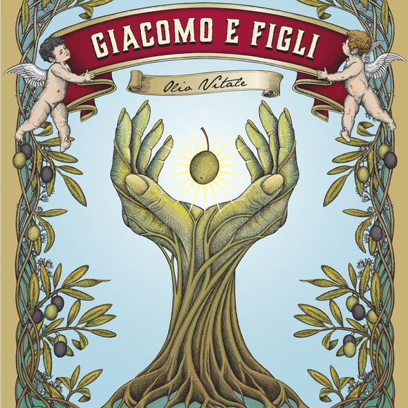 Tree label with the title 'Set of labels for a high quality olive oil "Olio Vitale" crafted by Giacomo & Figli.'