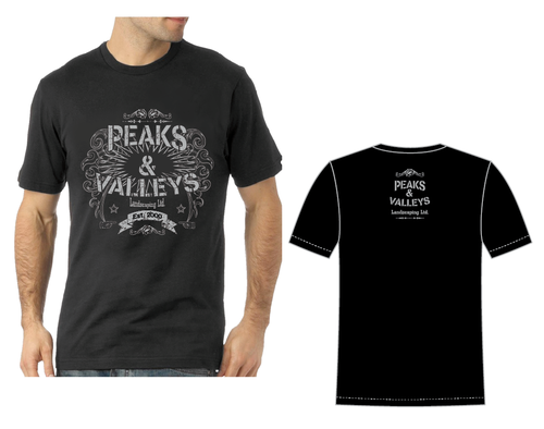 Landscaping t-shirt with the title 'peaks & valleys'