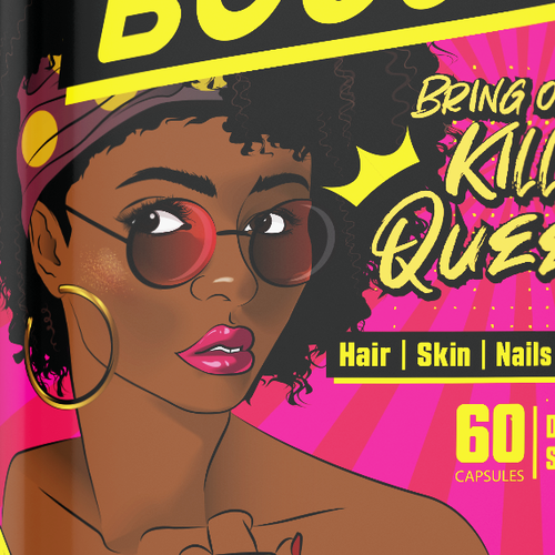 Pink packaging with the title 'Bad & Boujee label'