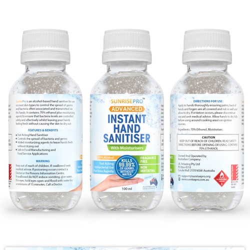 Bottle label with the title 'ADVANCED INSTANT HAND SANITISER With Moisturisers'