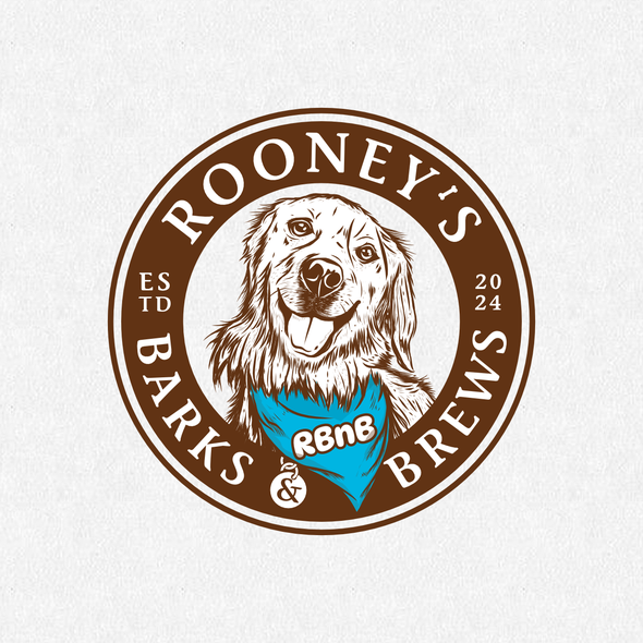 Golden retriever logo with the title 'Rooney's Barks & Brews'