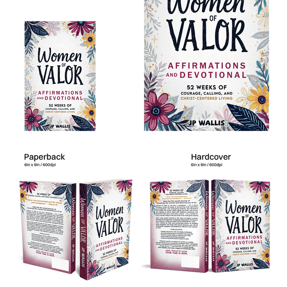 Paperback book cover with the title 'Women of Valor - Affirmations and Devotional Book Designs'