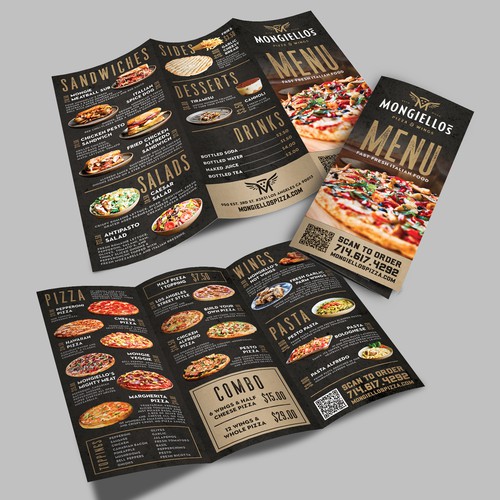 Rustic design with the title 'Mongiello's Pizza and Wings'
