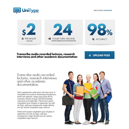 Service website with the title 'Transcription services company website'