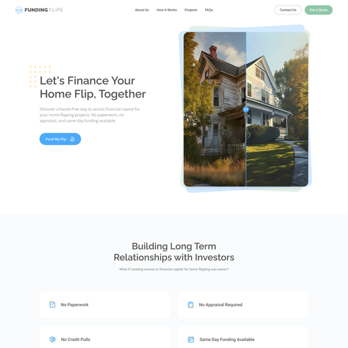 Green website with the title 'Funding Flips Website | Home page design'