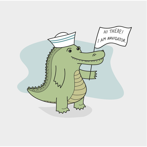 Figure design with the title 'Alligator mascot for nautical theme website'