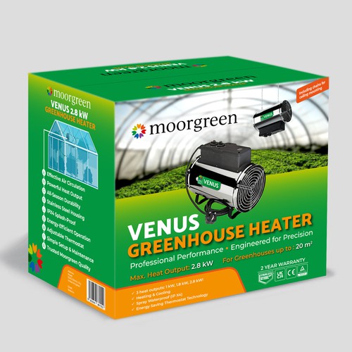 Packaging with the title 'Box design for a greenhouse heater that stands out'