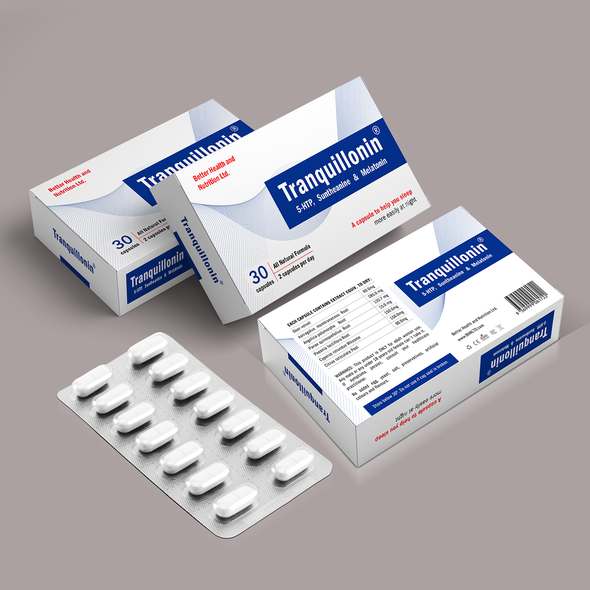 Pills packaging with the title 'Tranquillonin Pills box design'