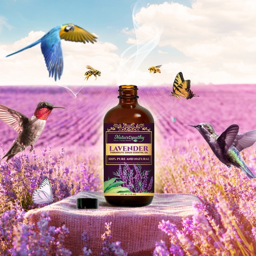 Flower packaging with the title 'Label design for Lavender oil'
