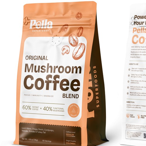 Vibrant packaging with the title 'Pella Mushroom Coffee blend pouch'