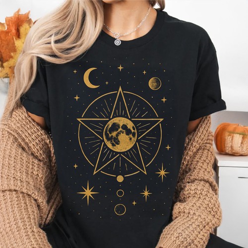 Cosmic design with the title 'Celestial Moon and Star T-Shirt Design (Design Available For Sale)'