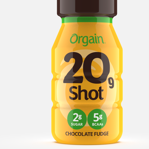 Vibrant packaging with the title 'Indulgent Energy: Chocolate Fudge Protein Shot Bottle Design'