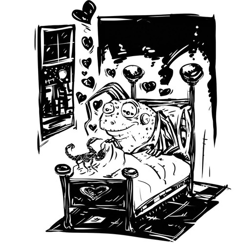 Frog illustration with the title 'frog and scorpion'