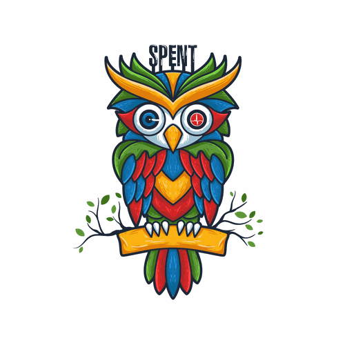 Colorful t-shirt with the title 'OWL illustration for Spent'