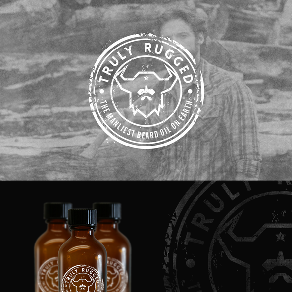 Distressed logo with the title 'Truly Rugged - The Manliest Beard Oil On Earth'