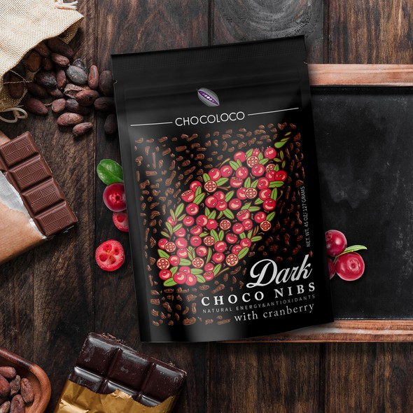 Dark packaging with the title 'Dark Chocolate Nibs Label Design'