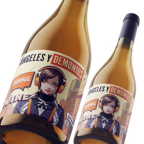 Vampire design with the title 'Angeles Y Demonios ORANGE wine label '