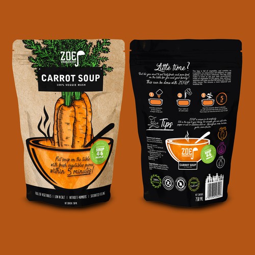 Eco-friendly packaging with the title 'CARROT SOUP 100% Veggie mash'