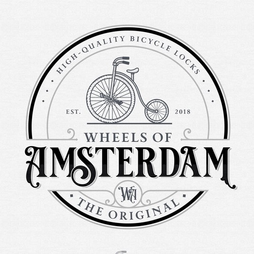 Bike shop logo with the title 'Wheels of Amsterdam'